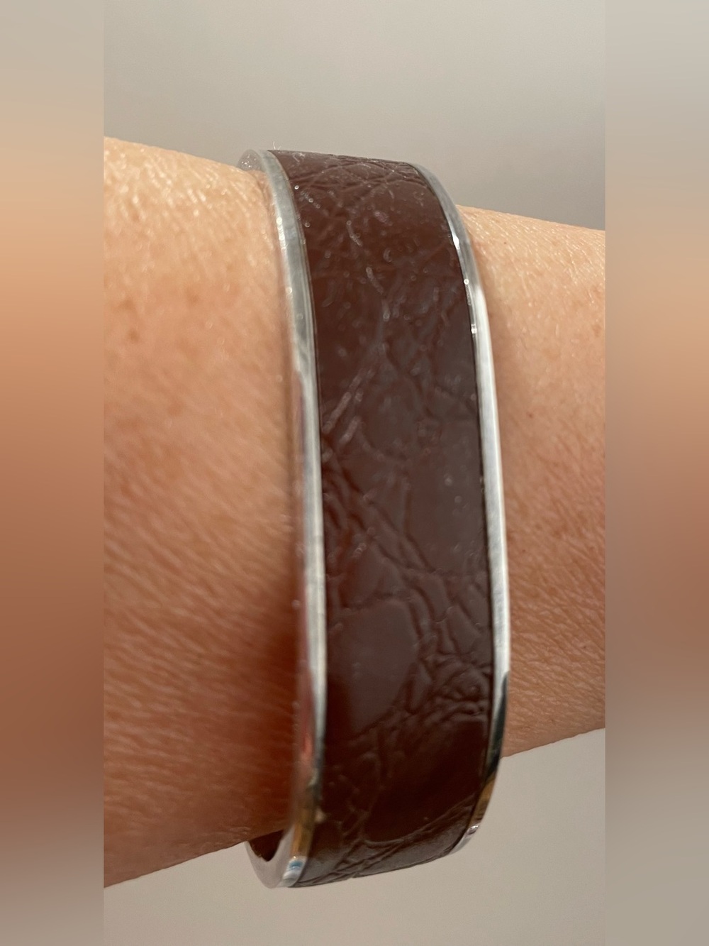 Sterling Silver Brown Leather Inlay Adjustable Cuff Bracelet Excellent Shape - Picture 3 of 8